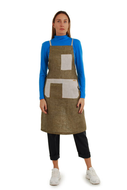 stilinga lininė prijuostė, Z8, su kišenėmis ir ilgu liemens dirželiu