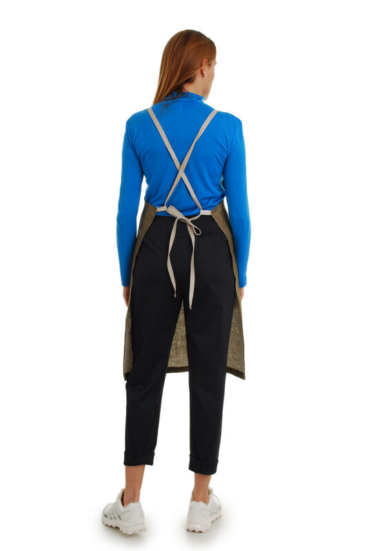 stilinga lininė prijuostė, Z8, su kišenėmis ir ilgu liemens dirželiu - nugara