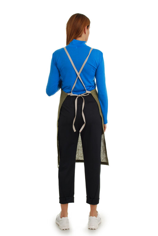 stilinga lininė prijuostė, Z9, su kišenėmis ir ilgu liemens dirželiu - nugara