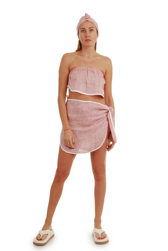 lininiai pirties rūbai - rožinis dviejų dalių moteriškas kostiumėlis