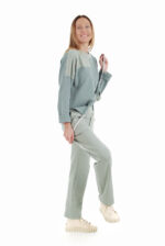 Stilingos laisvalaikio kelnės iš organinės medvilnės su elastanu, žydros su kišenėmis priekyje