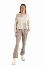 Stilingos laisvalaikio kelnės moterims iš organinės medvilnės su elastanu, smėlinės
