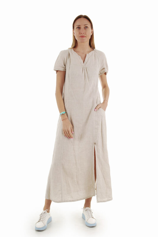 Šviesi ilga lininė suknelė su skeltuku priekyje ir kišenėmis