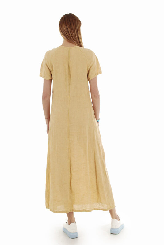 Gelsva ilga lininė suknelė trumpomis rankovėmis