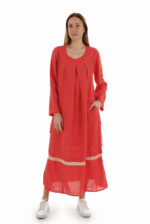 raudona Ilga laisvo silueto suknelė ilgomis rankovėmis su kišenėmis