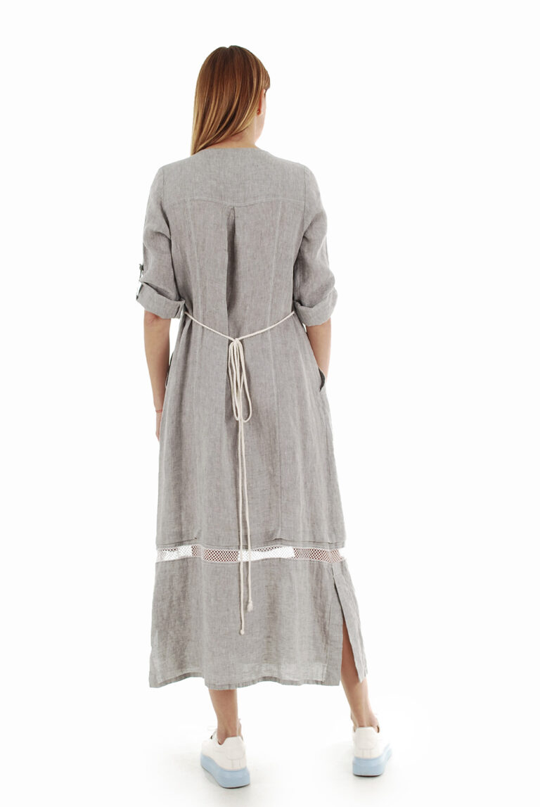 pilka Ilga laisvo silueto suknelė su reguliuojamo ilgio rankovėmis iš nugaros