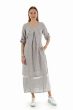 pilka Ilga laisvo silueto suknelė su reguliuojamo ilgio rankovėmis ir kišenėmis