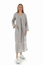 pilka Ilga laisva suknelė su reguliuojamo ilgio rankovėmis ir kišenėmis