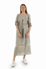 Ilga laisva lininė suknelė su reguliuojamo ilgio rankovėmis ir kišenėmis