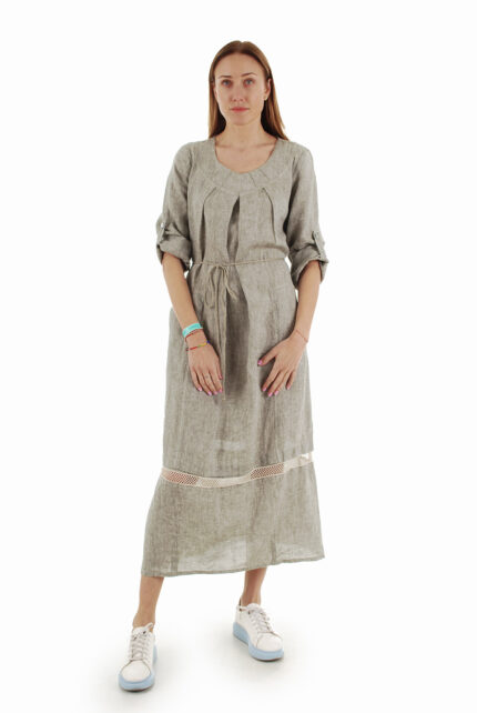 Ilga laisva lininė suknelė su reguliuojamo ilgio rankovėmis ir kišenėmis