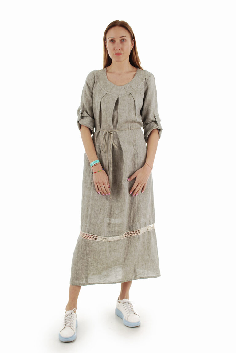 Ilga laisva lininė suknelė su reguliuojamo ilgio rankovėmis ir kišenėmis