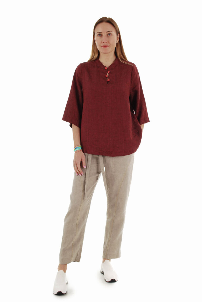 Laisvos, siaurėjančio į apačia silueto kelnės, natūralaus lino spalvos