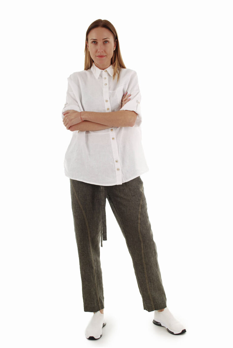 Modernios moteriškos lininės kelnės tamsiai rudos, su medžiaginiu diržu