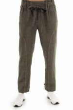 Modernios moteriškos lininės kelnės su kišenėmis priekyje ir dekoruotu juosmeniu