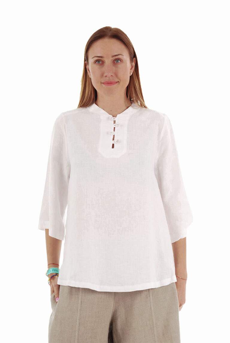 Balta laisva lininė palaidinė, pusilgėmis rankovėmis