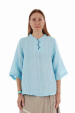 Laisva lininė palaidinė, pusilgėmis rankovėmis, žydros spalvos