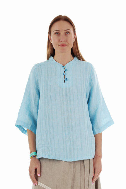 Laisva lininė palaidinė, pusilgėmis rankovėmis, žydros spalvos