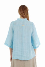 Laisva lininė palaidinė, pusilgėmis rankovėmis, žydros spalvos, iš nugaros