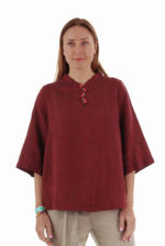 Laisva lininė palaidinė, pusilgėmis rankovėmis, raudono vyno spalvos