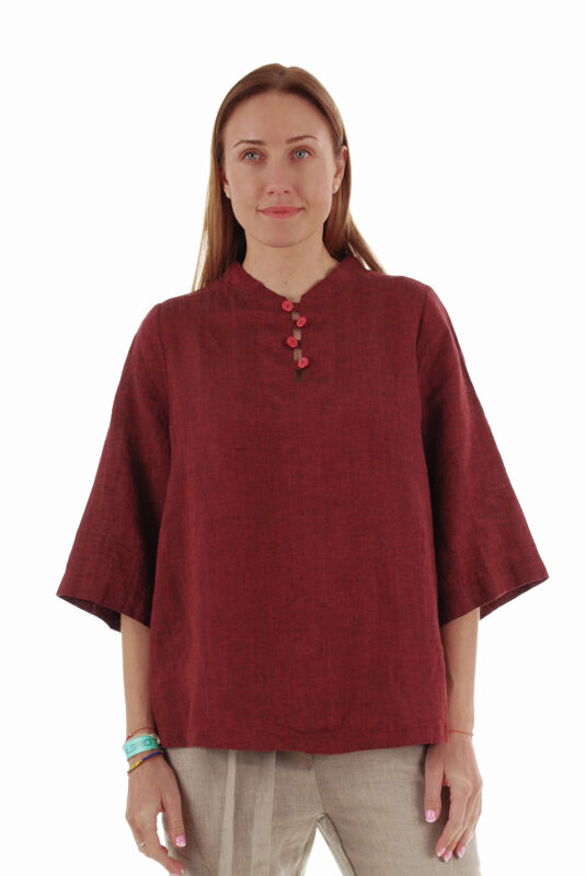 Laisva lininė palaidinė, pusilgėmis rankovėmis, raudono vyno spalvos