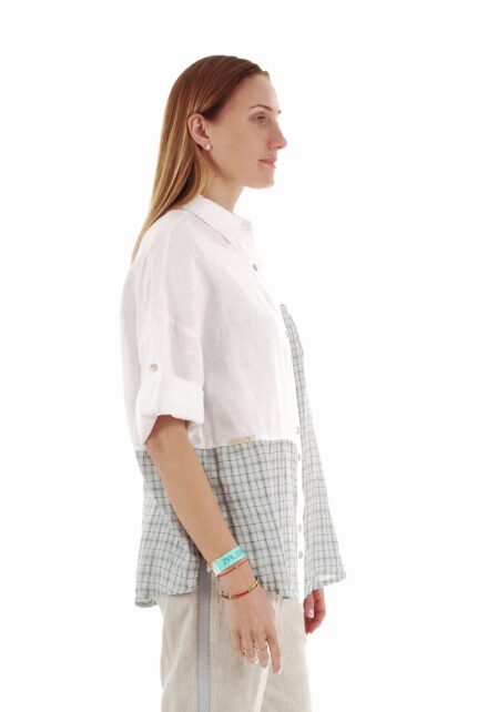 Stilingi moteriški lininiai marškiniai, reguliuojamo ilgio rankovėmis