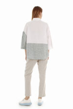 Modernūs moteriški lininiai marškiniai pusilgėmis rankovėmis iš nugaros