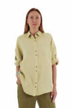 Žalsvi moteriški lininiai marškiniai pusilgėmis, reguliuojamo ilgio rankovėmis