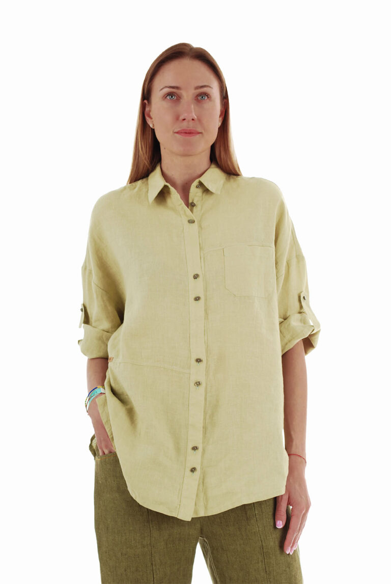 Žalsvi moteriški lininiai marškiniai pusilgėmis, reguliuojamo ilgio rankovėmis