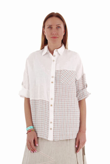 Stilingi šviesūs lininiai marškiniai moterims pusilgėmis rankovėmis