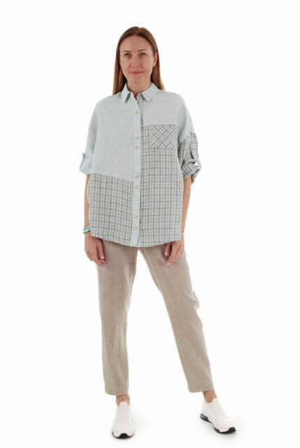 Lininės moteriškos kelnės siaurėjančios į apačią, natūralaus lino spalvos