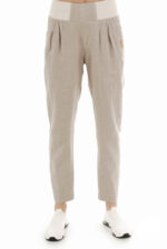 Lininės moteriškos kelnės siaurėjančios į apačią, elastingu juosmeniu, natūralaus lino spalvos