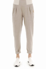 Lininės moteriškos kelnės siaurėjančios į apačią, su atlankais, elastingu juosmeniu, natūralaus lino spalvos