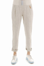 Sportiško stiliaus lininės kelnės moterims natūralaus lino spalvos, su dekoruotu elastingu juosmeniu