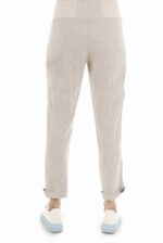 Sportiško stiliaus lininės kelnės moterims natūralaus lino spalvos iš nugaros