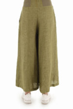 Žalios lininės sijonkelnės su elastingu juosmeniu ir įleistomis šoninėmis kišenėmis iš nugaros