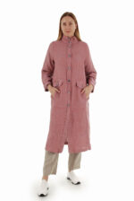 Rausvas stilingas tiesaus silueto lininis paltas su kišenėmis