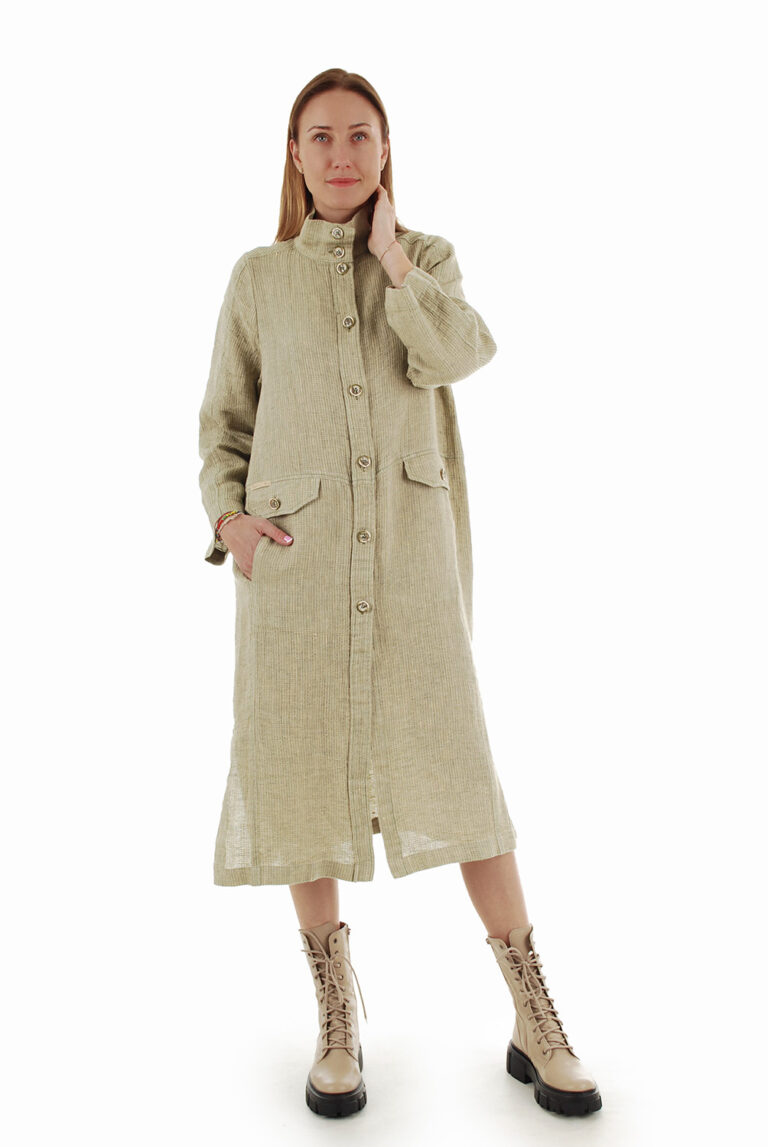 Žalsvas stilingas tiesaus silueto lininis paltas su kišenėmis