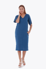 Mėlyna lininė suknelė trumpomis rankovėmis su kišenėmis