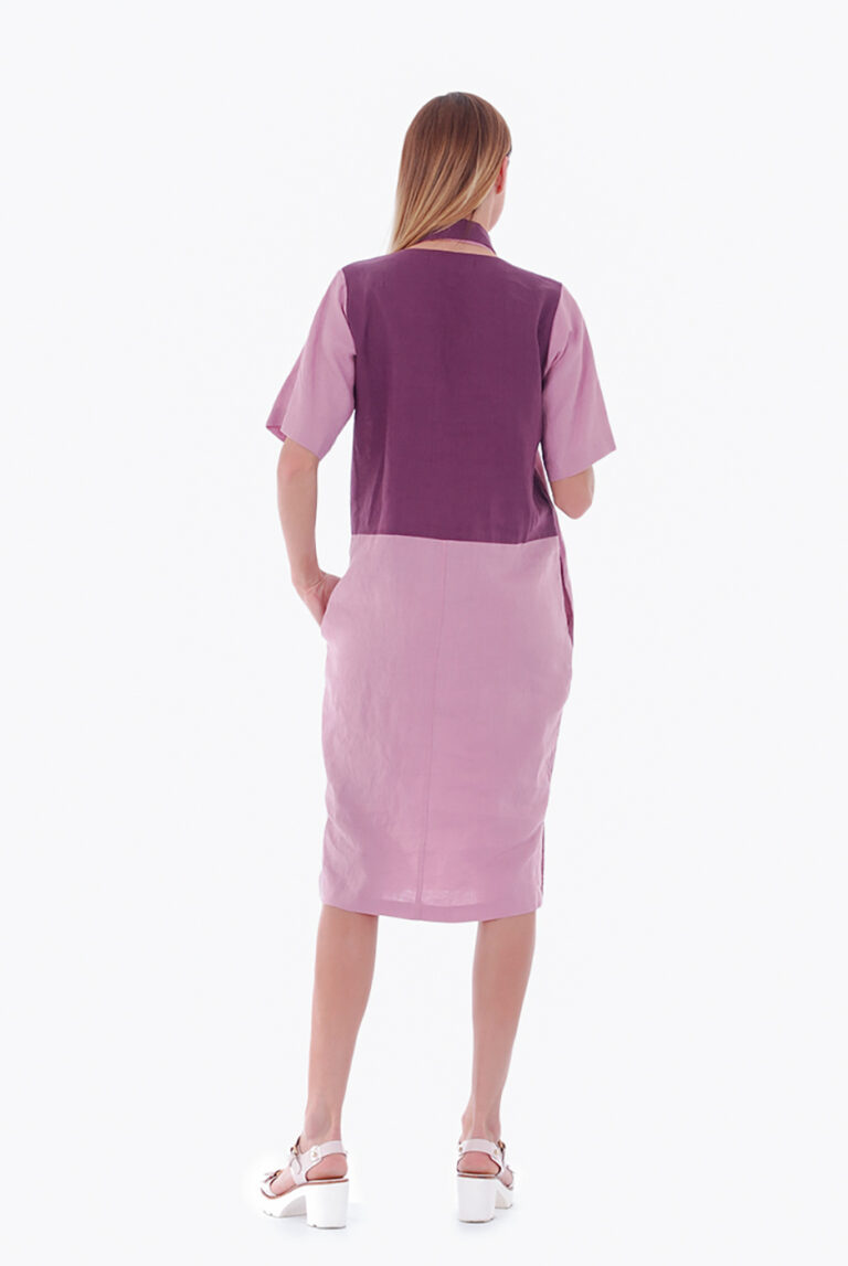 Alyvinė lininė suknelė trumpomis rankovėmis: stilingas dviejų spalvų ir medžiagų derinys