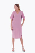 Alyvinė lininė suknelė trumpomis rankovėmis: su kišenėmis