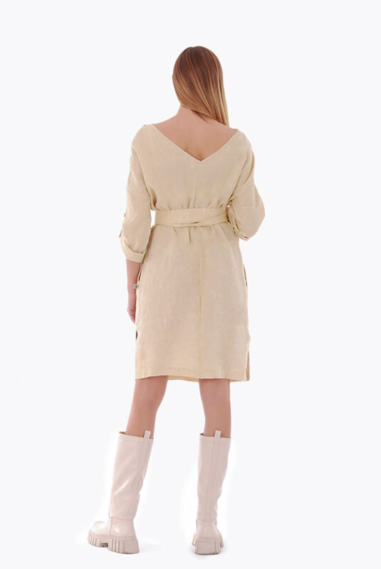 Universali lininė suknelė gali būti dėvima iš abiejų pusių, kreminė - nugara