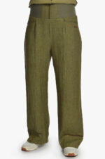 Žalios moteriškos lininės kelnės elastingu juosmeniu