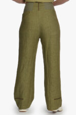 Žalios moteriškos lininės kelnės elastingu juosmeniu su kišenėmis, ilgos