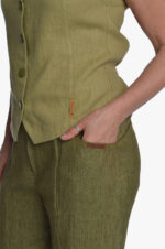 Žalios moteriškos lininės kelnės su kišenėmis