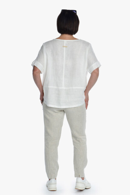 Šviesios moteriškos lininės kelnės siaurėjančios iš nugaros