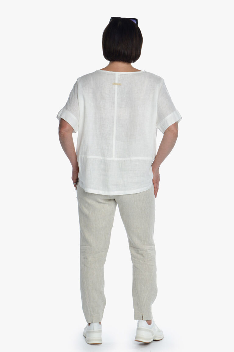 Šviesios moteriškos lininės kelnės siaurėjančios iš nugaros