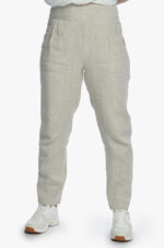 Šviesios moteriškos lininės kelnės siaurėjančios elastingu juosmeniu