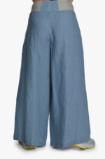 Mėlynos lininės sijonkelnės su elastingu juosmeniu dekoruotos storo siūlo peltakiu