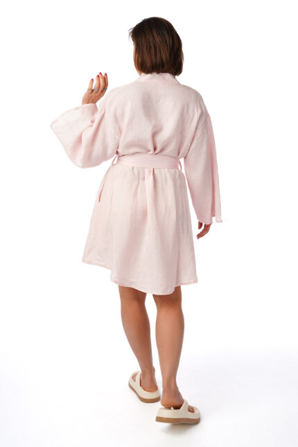 Lininis chalatas švelniai rožinis, kimono tipo