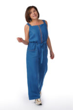 Mėlynas moteriškas kombinezonas iš lino, su 4 kišenėmis, sujuosiamas diržu